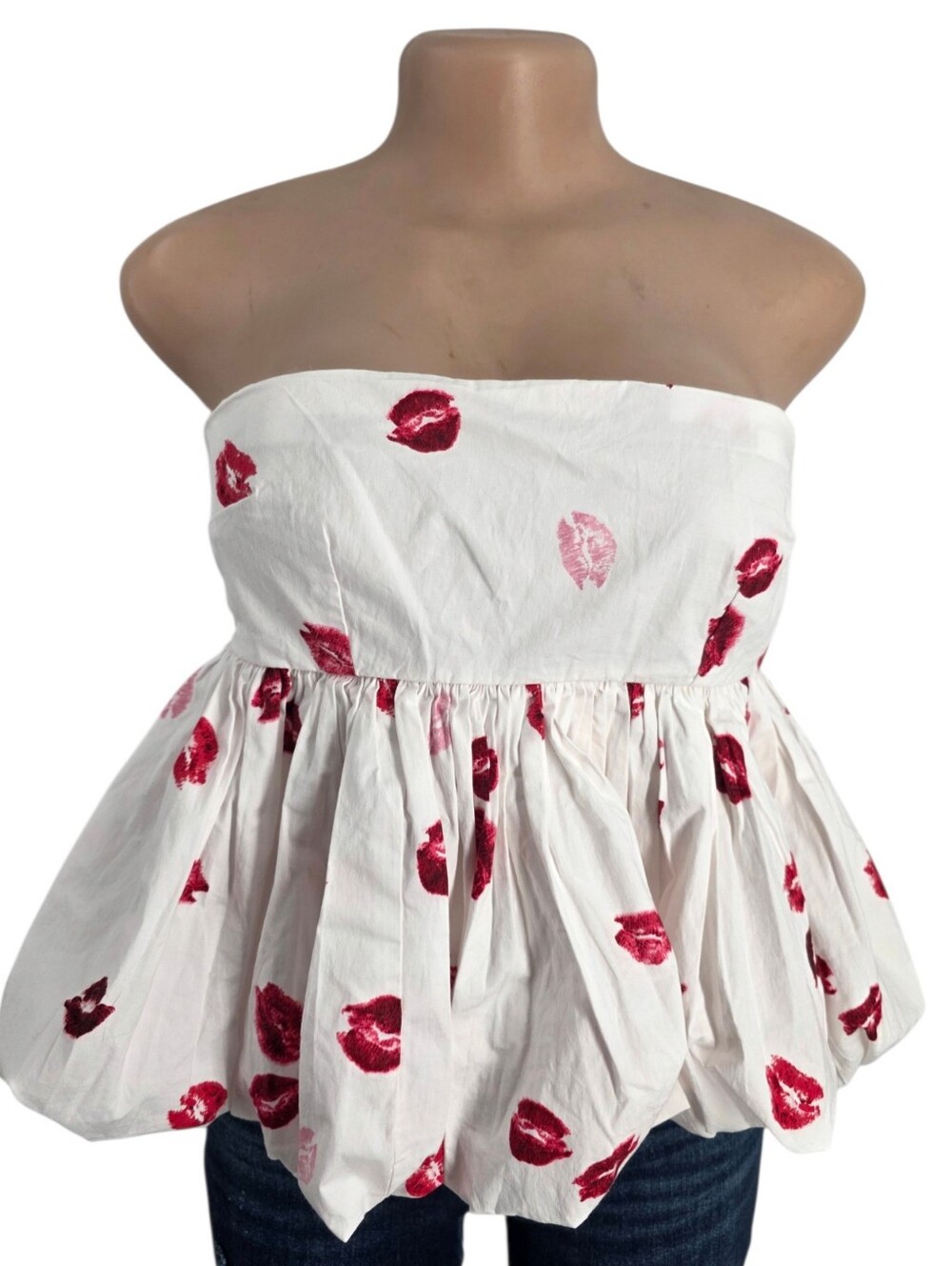 NWT Anthropologie Maeve Lip Print Strapless Babydoll Bubble Blouse XS Ivory